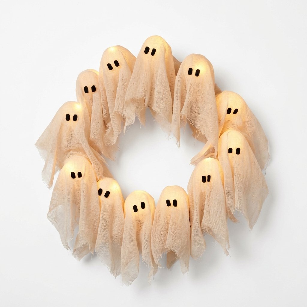 Illuminated Halloween Ghost Wreath with LED Figures for Door or Wall Display