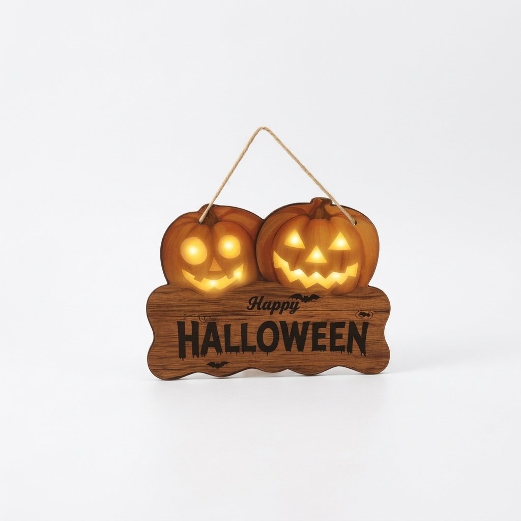 Illuminated Wooden Halloween Hanging Sign with Glowing Jack-o'-Lantern Pumpkin Faces