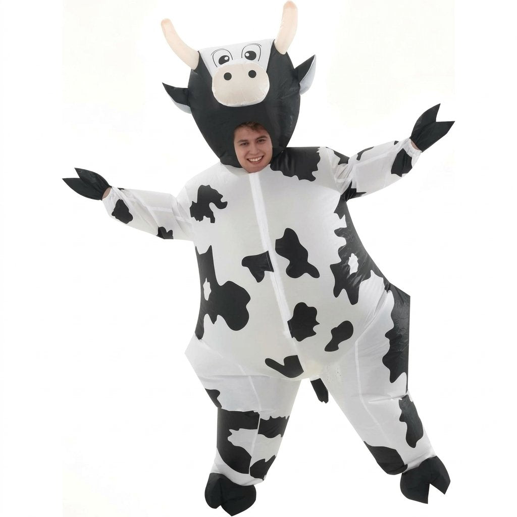 Inflatable Cow Full-Body Costume with Built-In Fan and Headpiece for Adults