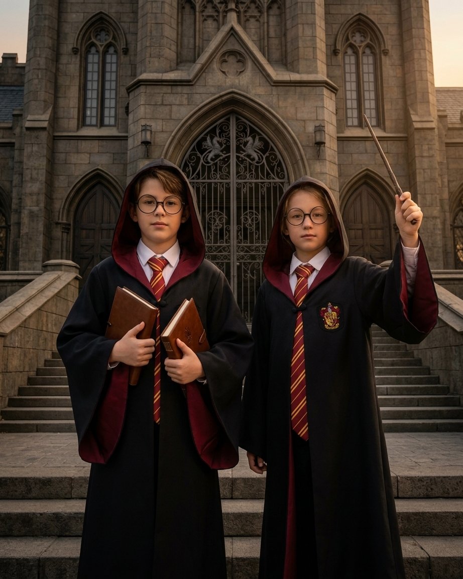 Kids & Adult Wizard Robe with Embroidered Crest and Hood