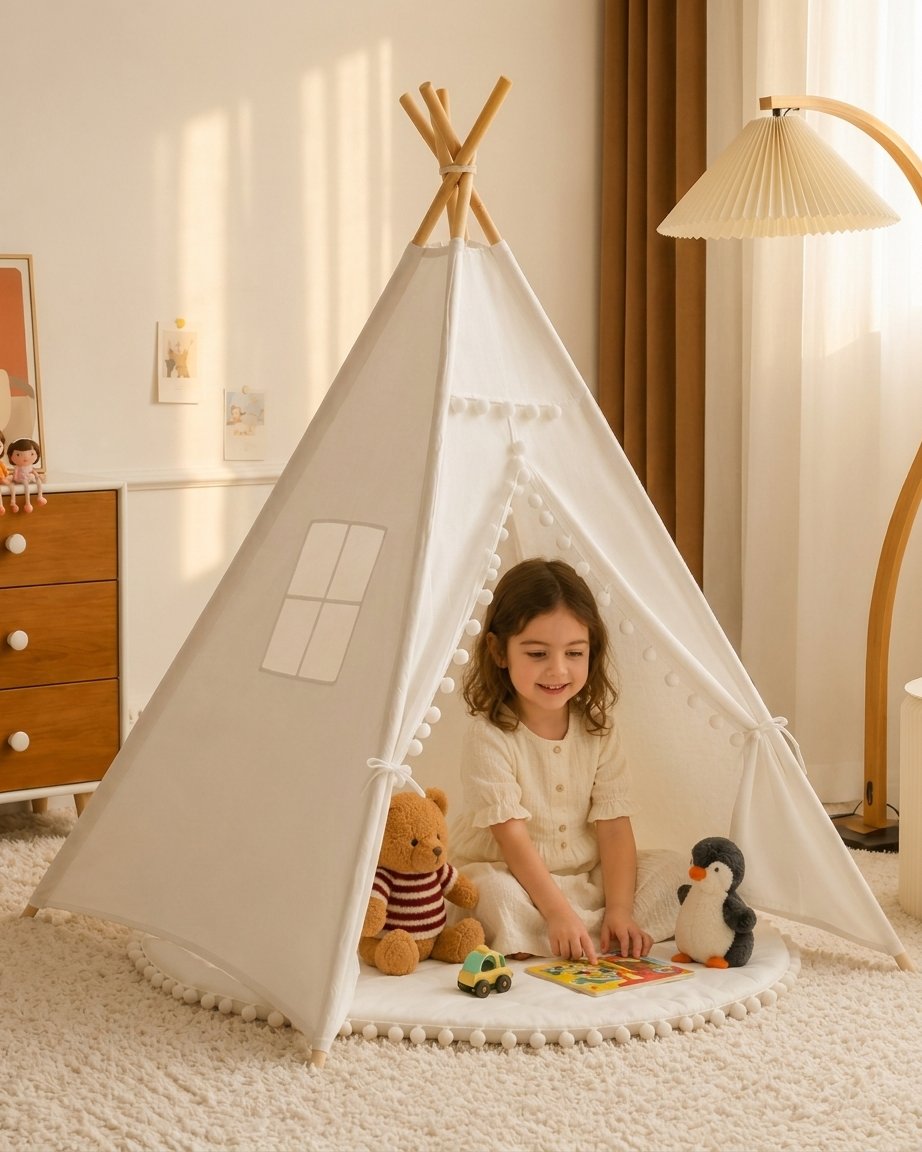 Kids Cotton Teepee Tent with Pom-Pom Trim
