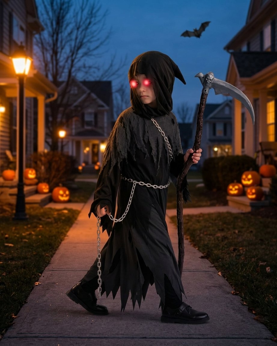 Kids' Grim Reaper Costume with Glowing Eyes & Scythe