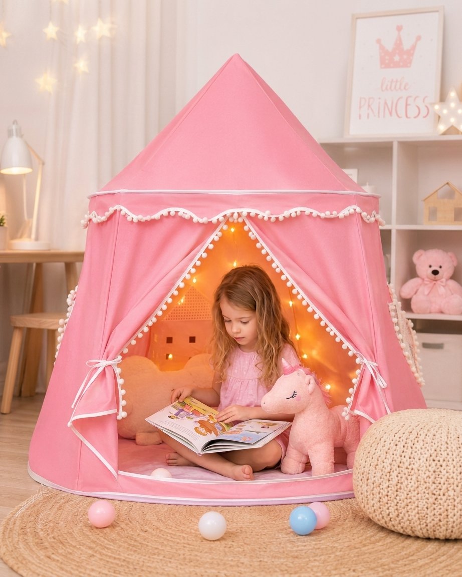 Kids Indoor Play Tent with Pom-Pom Trim