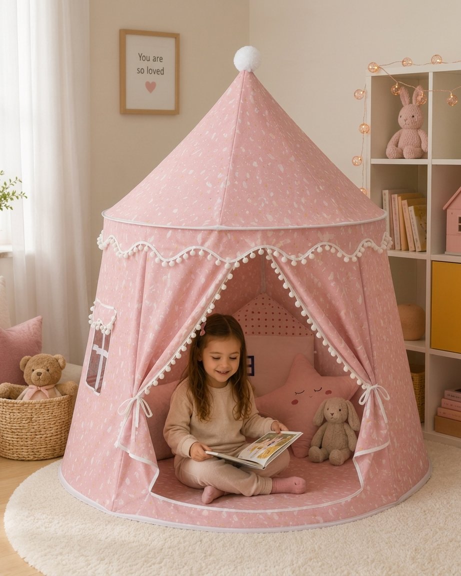 Kids Play Tent with Pom-Pom Trim