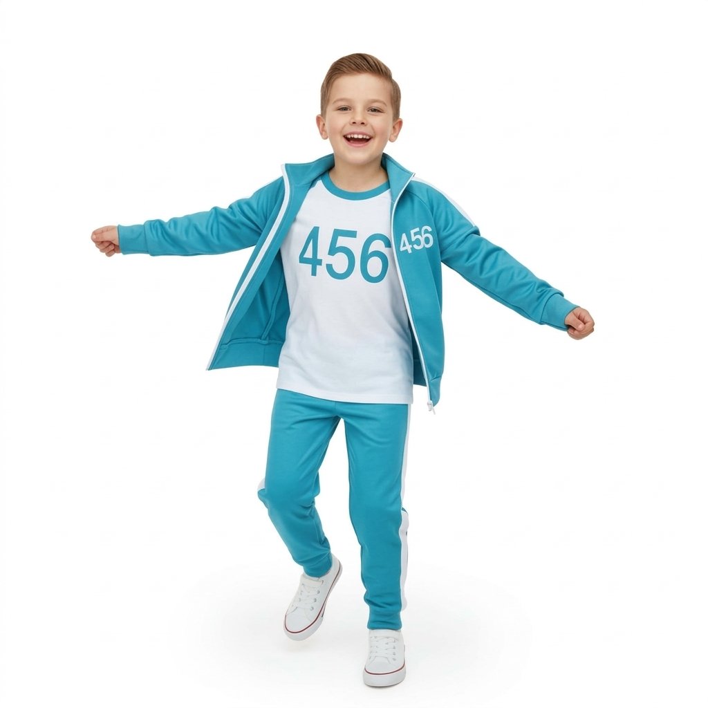 Kids' Three-Piece Teal Tracksuit Costume Set with Printed Numbers and Side Stripes