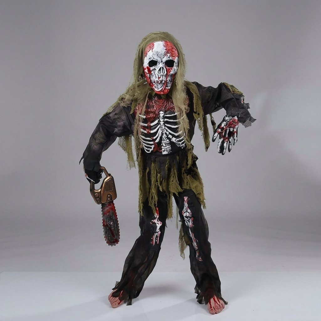 Kids Zombie Skeleton Halloween Costume Set with Skull Mask and Skeleton Gloves