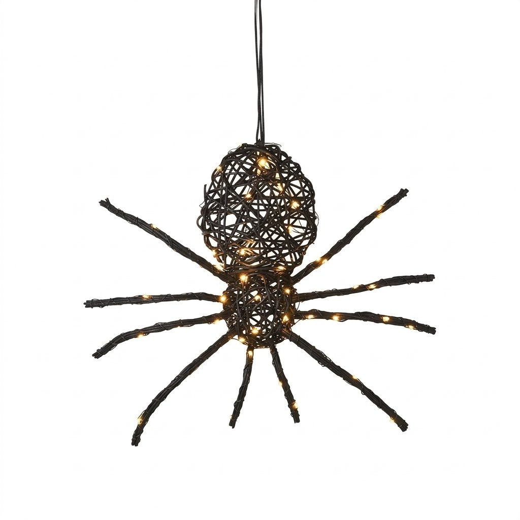 Large Rattan Black Spider Light-Up Halloween Figure with Warm White LEDs