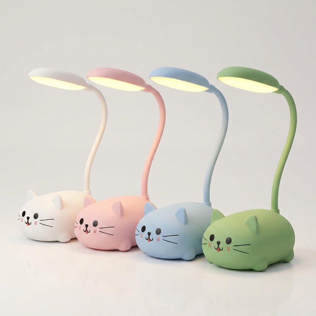 LED Desk Lamp with Flexible Neck and Cat Design – USB Powered in White, Pink, Blue or Green