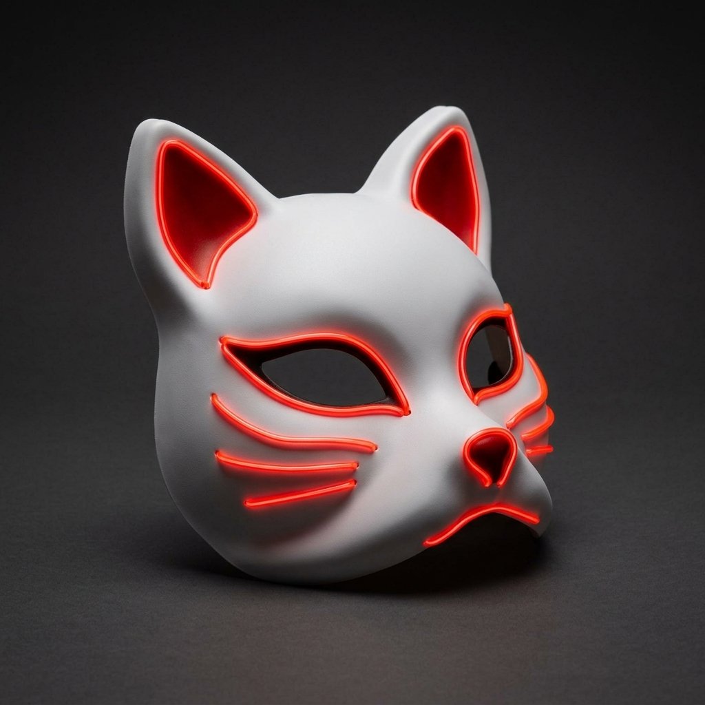 LED Kitsune Fox Mask with EL Wire Glow and Japanese Demon Design