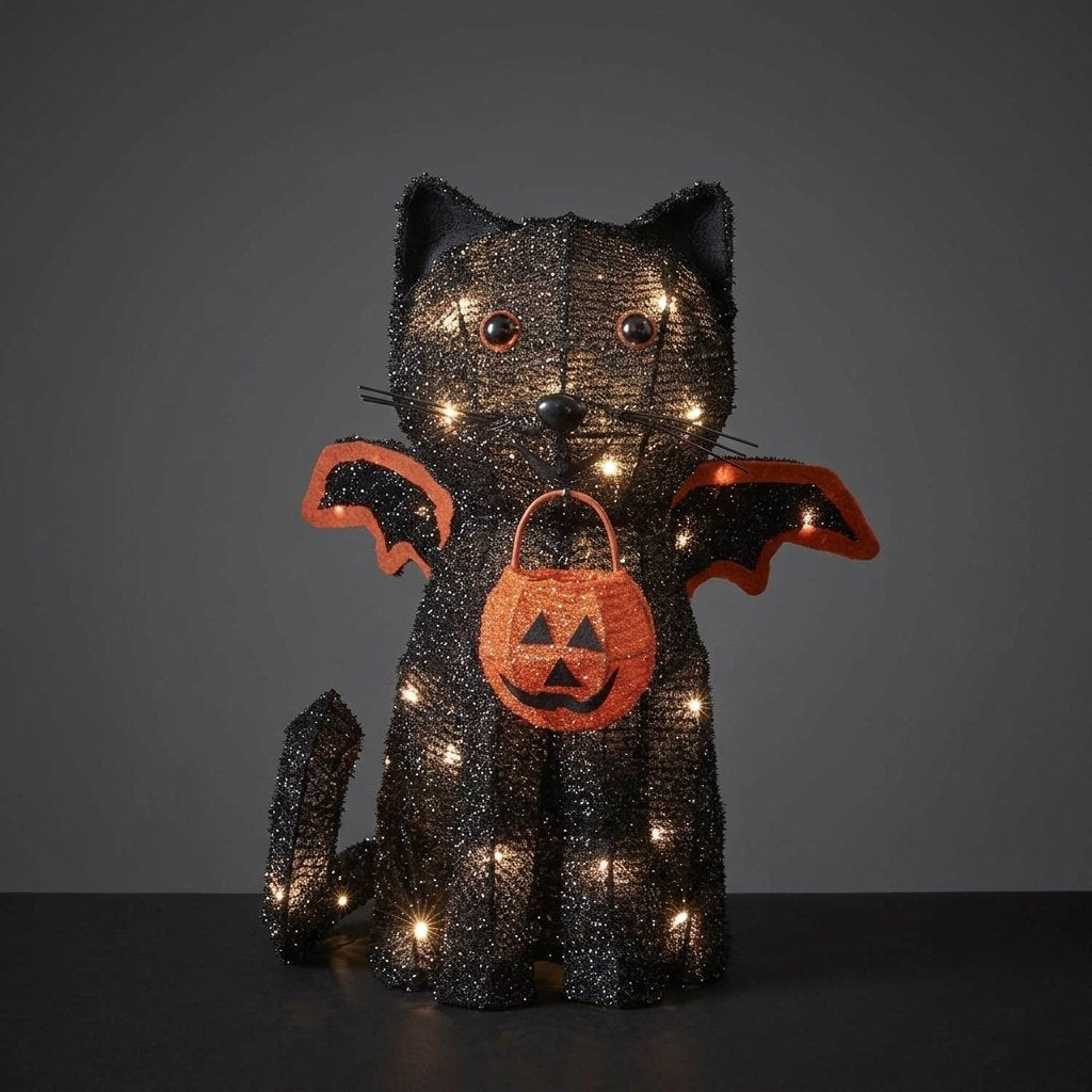 Light-Up Black Cat Halloween Decoration with Bat Wings and Pumpkin Basket