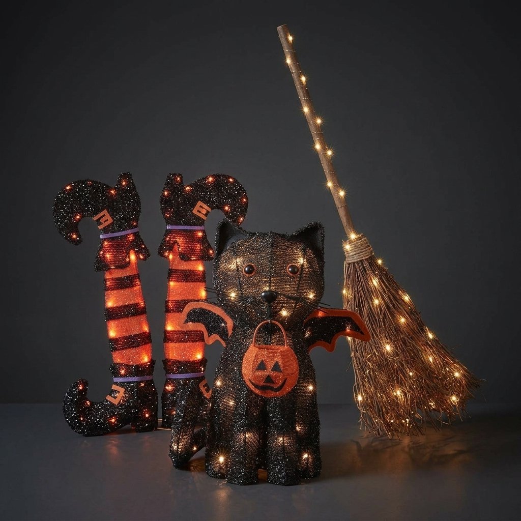 Light-Up Black Cat, Witch's Broom & Witch's Legs Outdoor Halloween Decoration Bundle