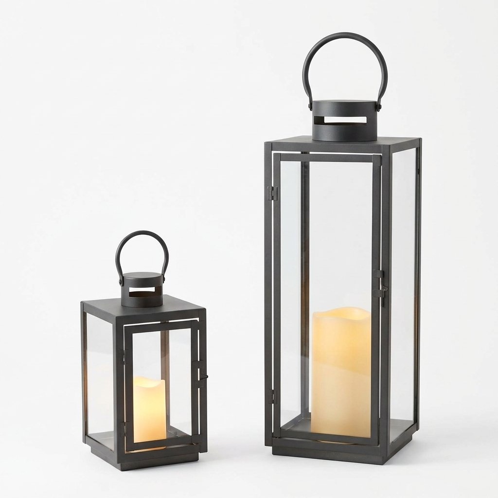 Malvern Outdoor LED Lantern Bundle – Set of Two, Charcoal Metal with Flameless Pillar Candles