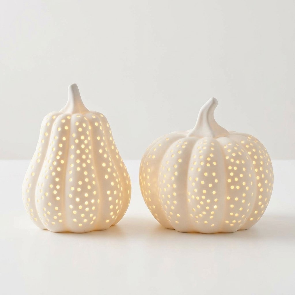 Matte White Porcelain LED Pumpkin and Squash Decoration Set