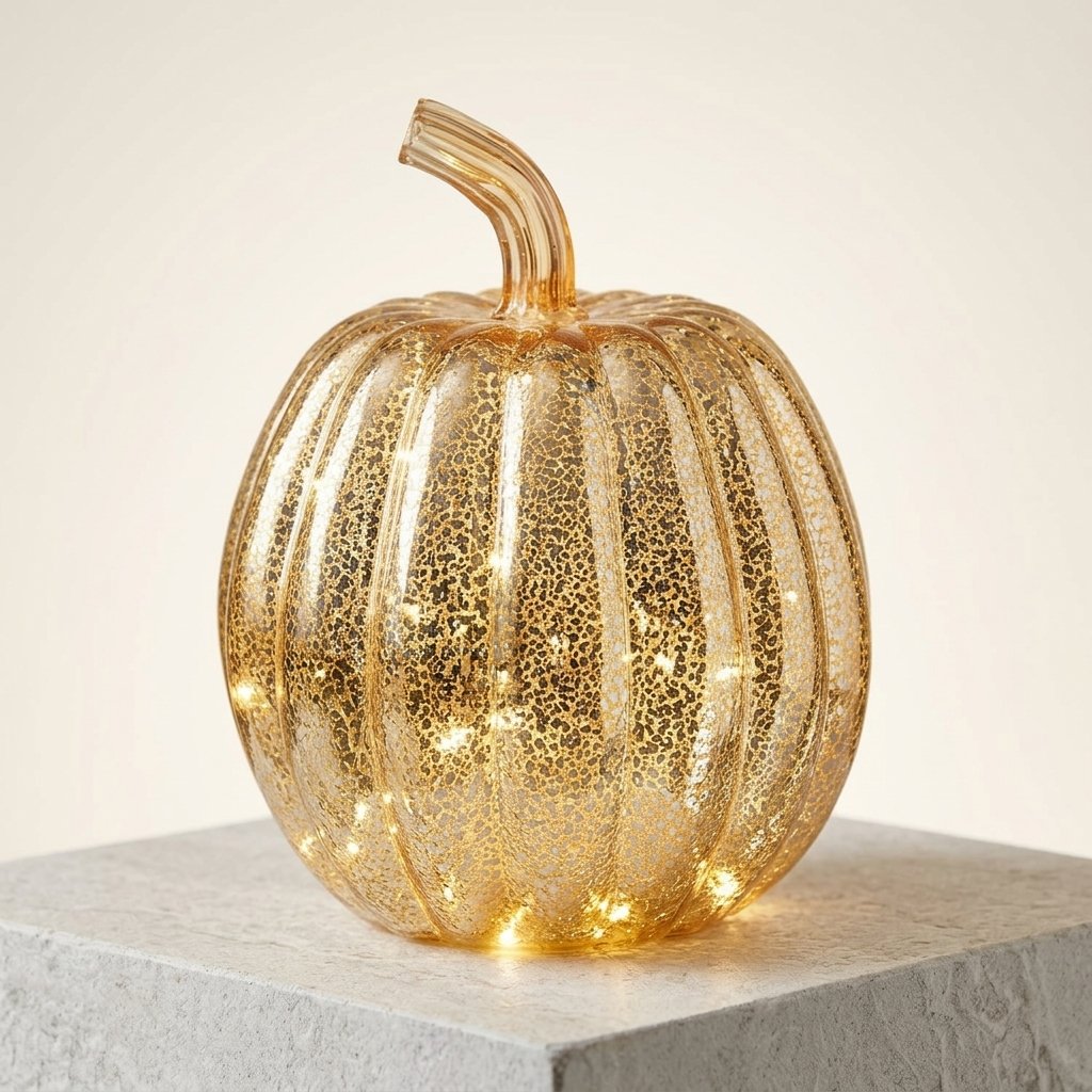 Mercury Gold Light-Up Glass Pumpkin Decoration with LED Timer