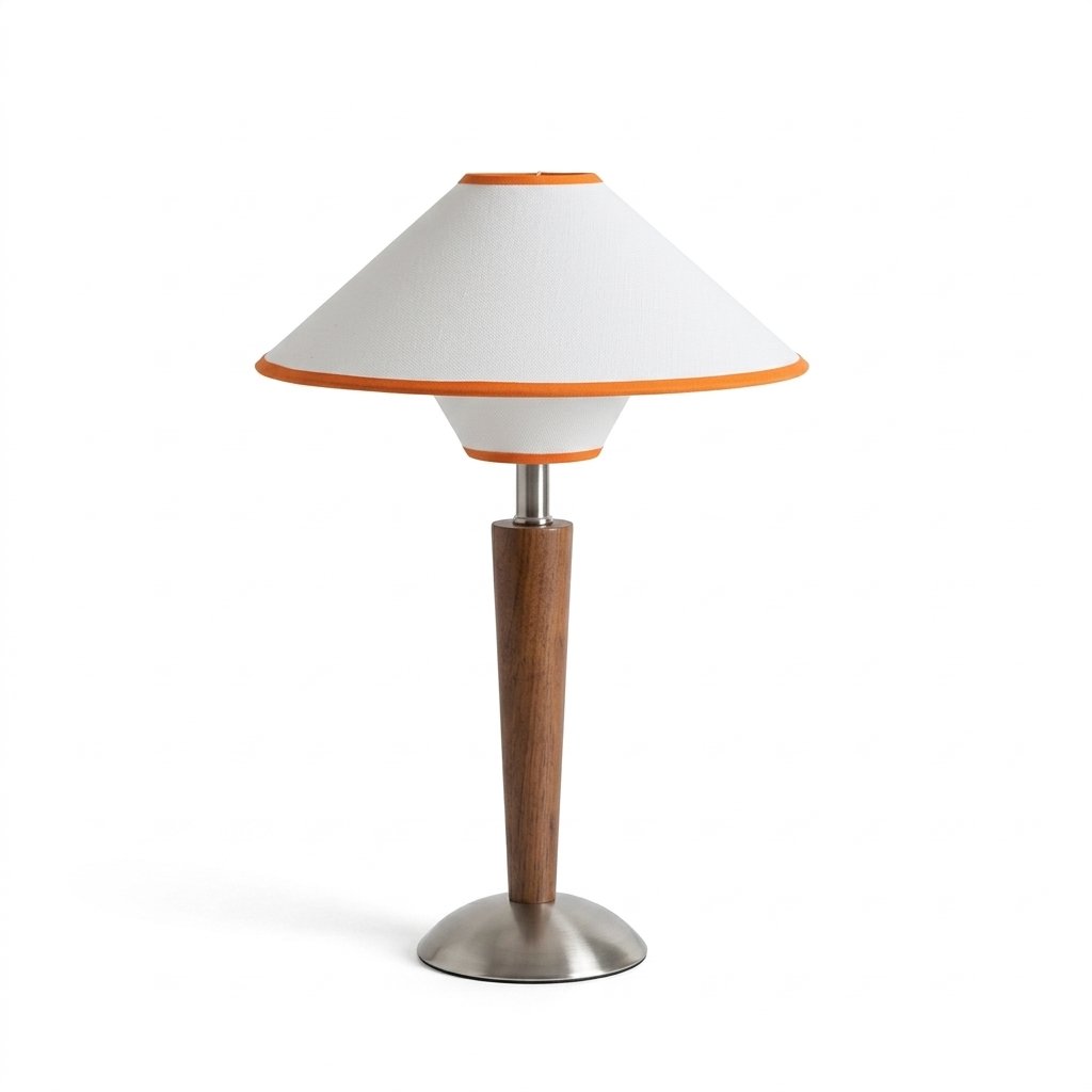 Mid-Century Conical Table Lamp with Fabric Shade and Wooden Stem