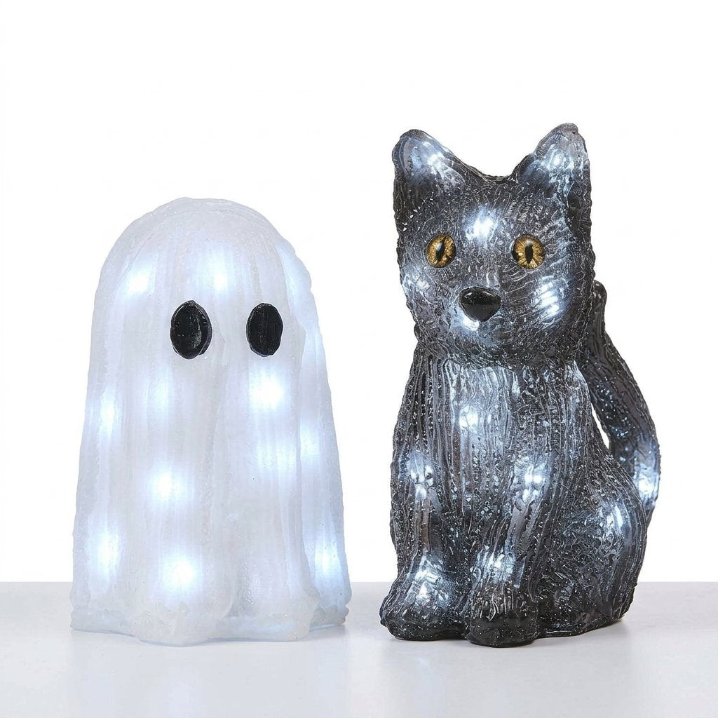 Mini Ghost and Black Cat LED Halloween Figures – Set of Two