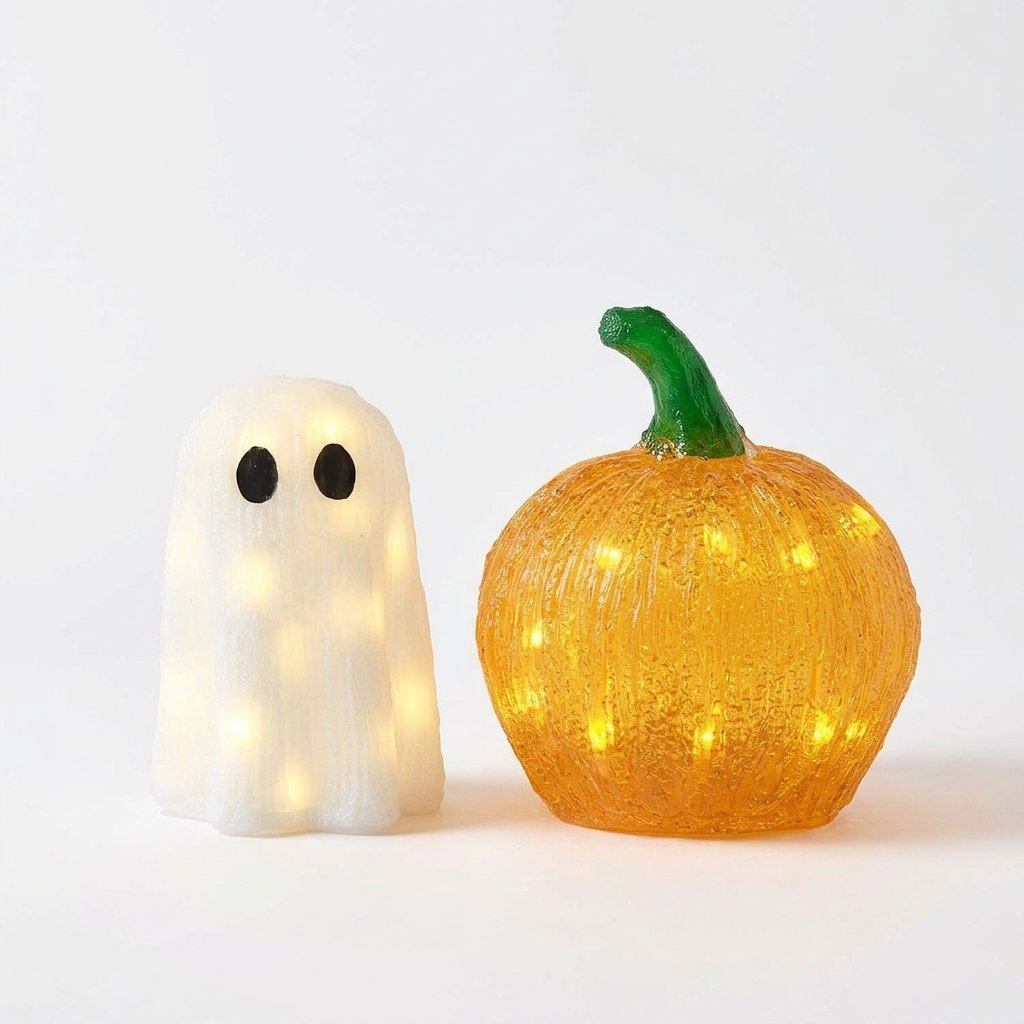 Mini Ghost and Pumpkin Light-Up Halloween Decorations with Warm White LEDs – Set of 2