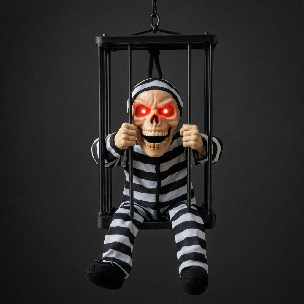 Motion-Activated Skeleton in Hanging Cage Halloween Decoration with Glowing Red Eyes and Scream Sound Effect