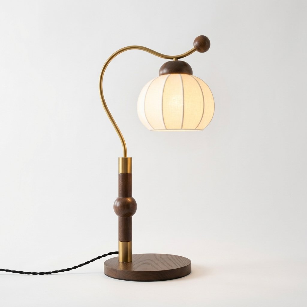Nanyang Sculptural Table Lamp with Walnut Base, Curved Brass Arm and Ribbed Fabric Shade