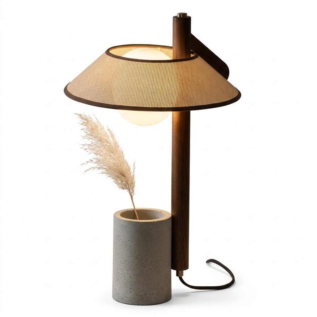 Nordic Drum Planter Table Lamp with Linen Shade and Concrete Base