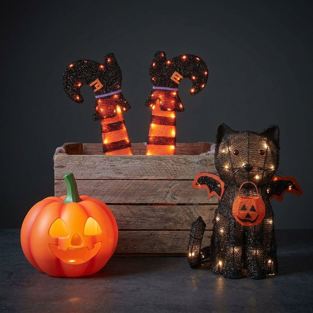 Outdoor Halloween Decoration Bundle – Light-Up Jack-o'-Lantern, Witch Leg Stake Lights and Black Cat