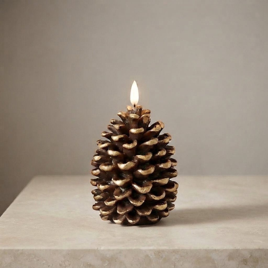 Pine Cone LED Candle with Golden Detail
