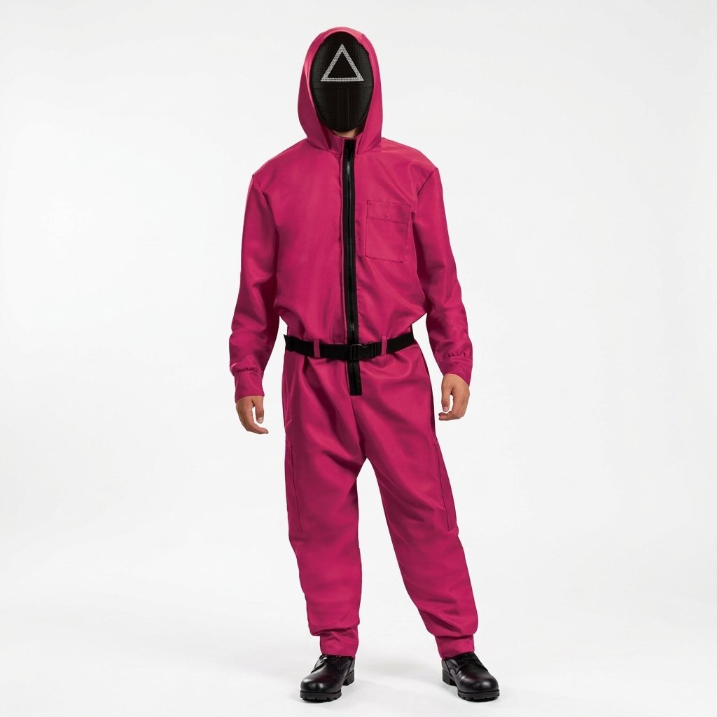 Pink Hooded Jumpsuit Costume with Belt and Geometric Mask – Adult and Children's Sizes