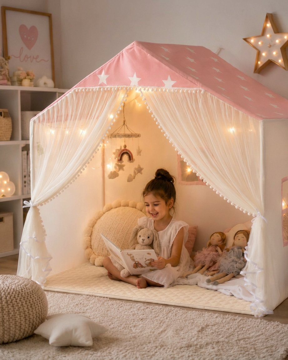 Pink Star Kids Play Tent with Mat & Lights