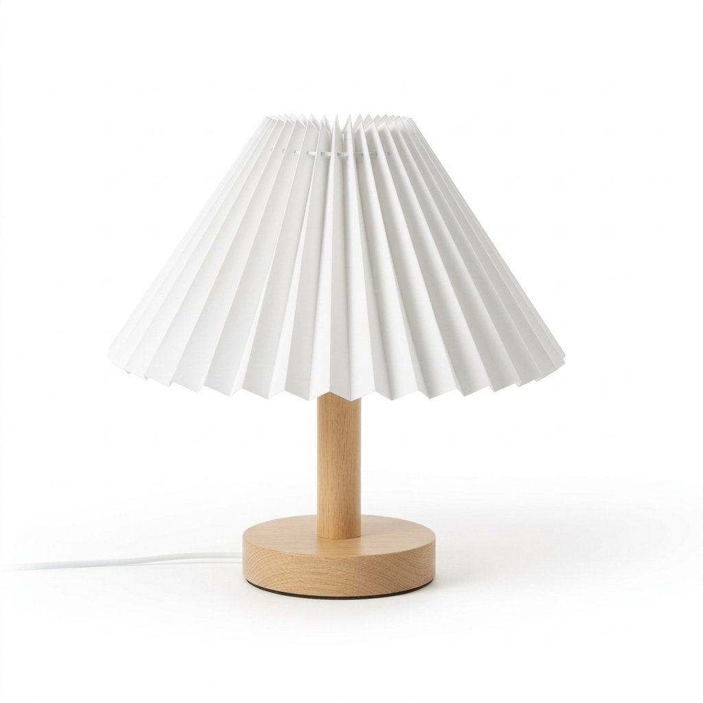 Pleated Fabric Table Lamp with Wijzig de titel naar: "Pleated Fabric Table Lamp with Wood-Effect Base – Nordic Japandi Style" – Nordic Japandi Style