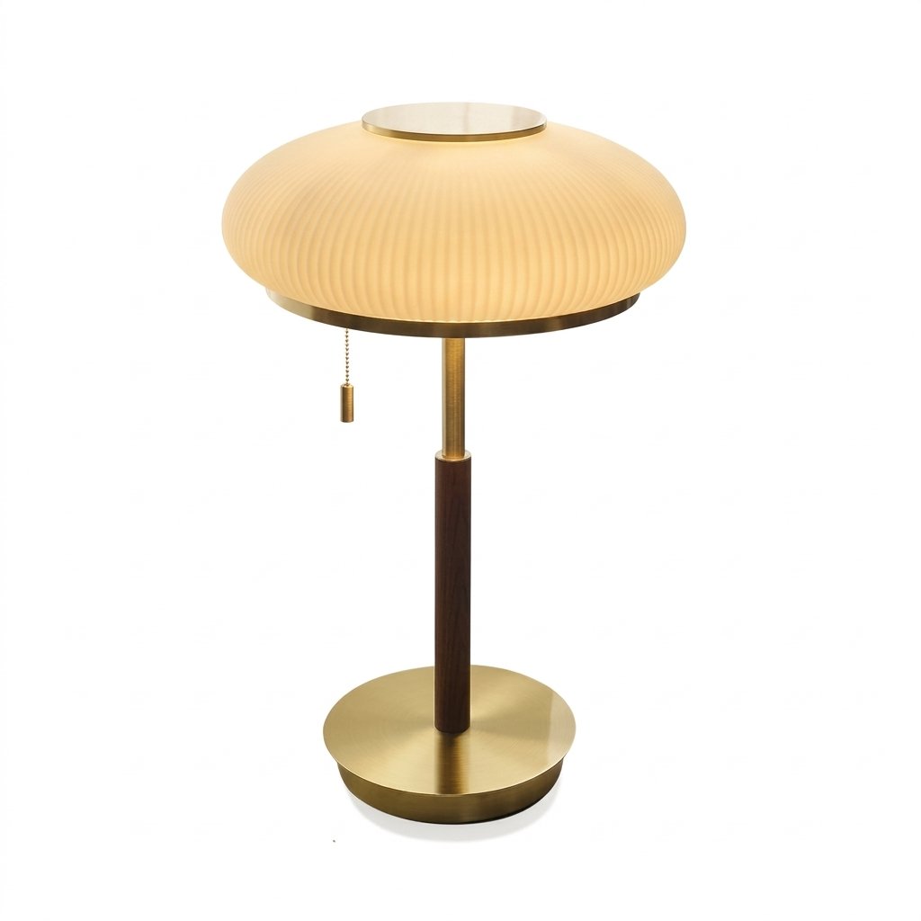 Pleated Saucer Table Lamp with Frosted Glass Shade and Walnut Stem