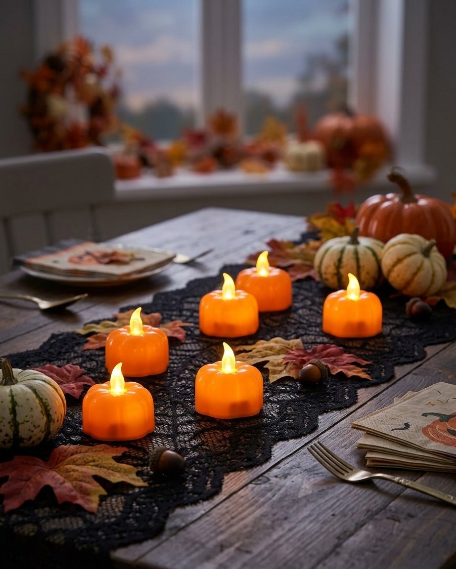 Pumpkin LED Tea Lights, Flameless Flickering, Pack of 12