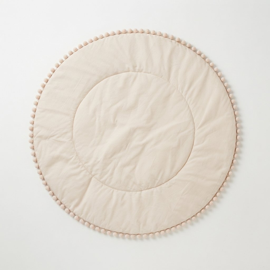 Quilted Round Baby Play Mat with Pom-Pom Trim