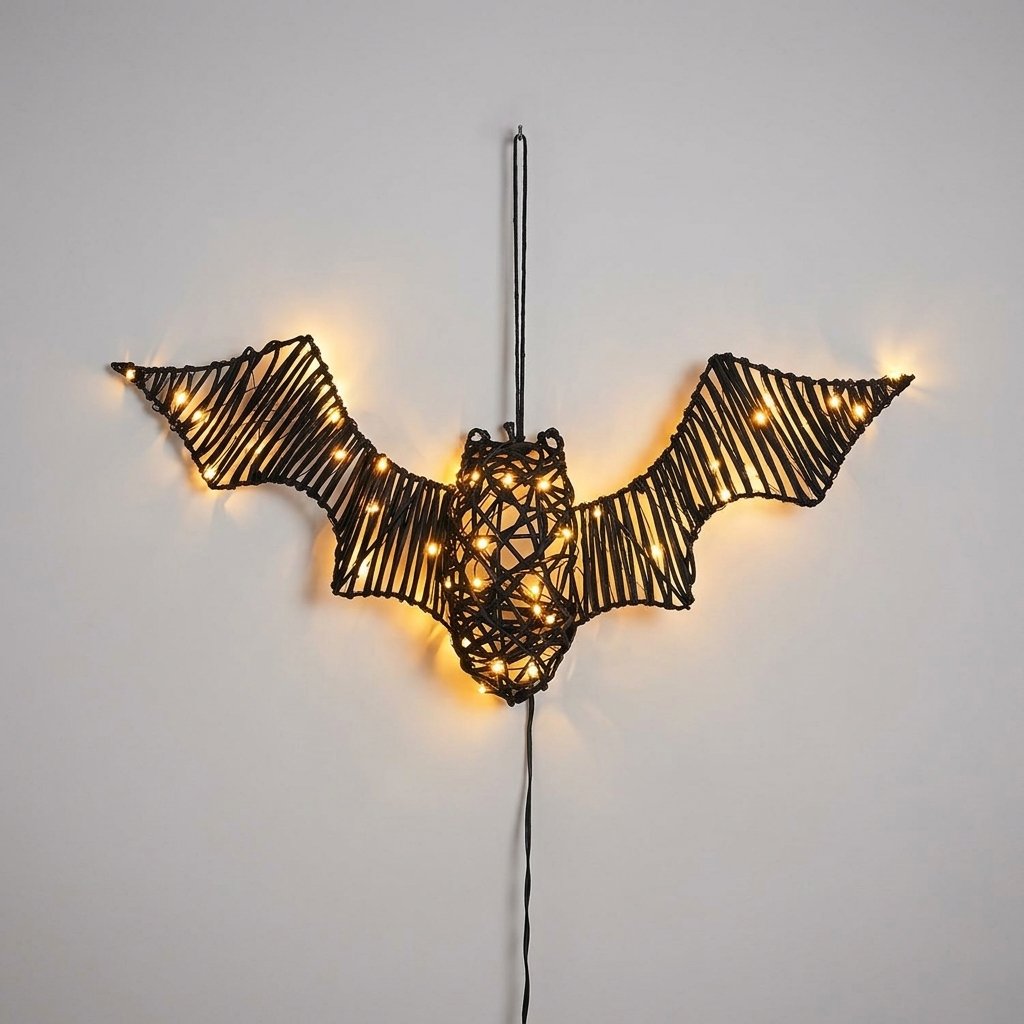 Rattan Black Bat Light-Up Halloween Figure with Warm White LEDs