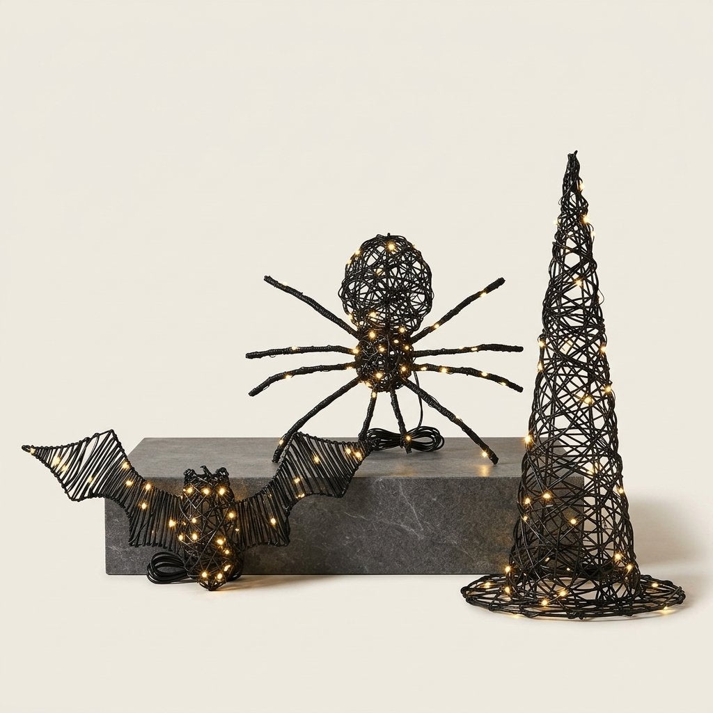 Rattan Spider, Bat and Witches' Hat LED Halloween Decoration Set with Warm White Lights