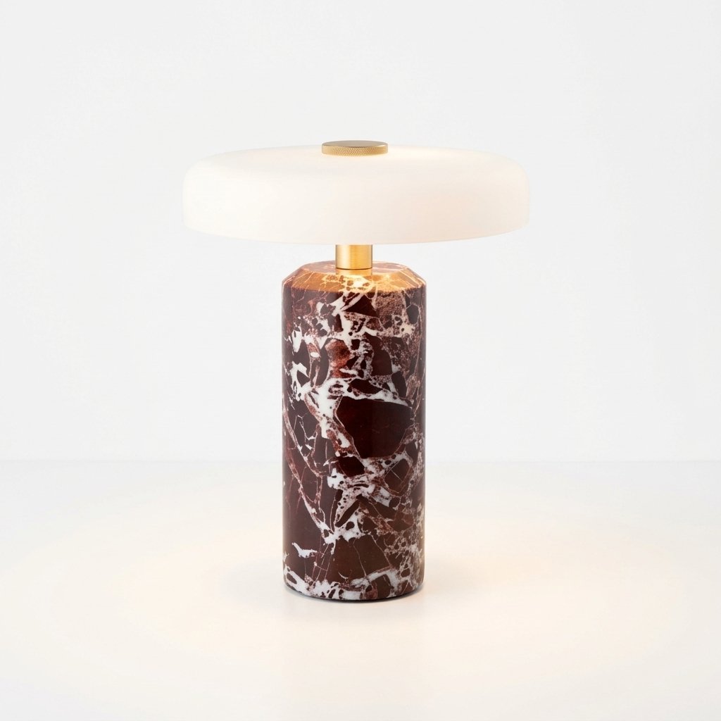 Rechargeable marble table lamp with frosted glass shade and brass detail