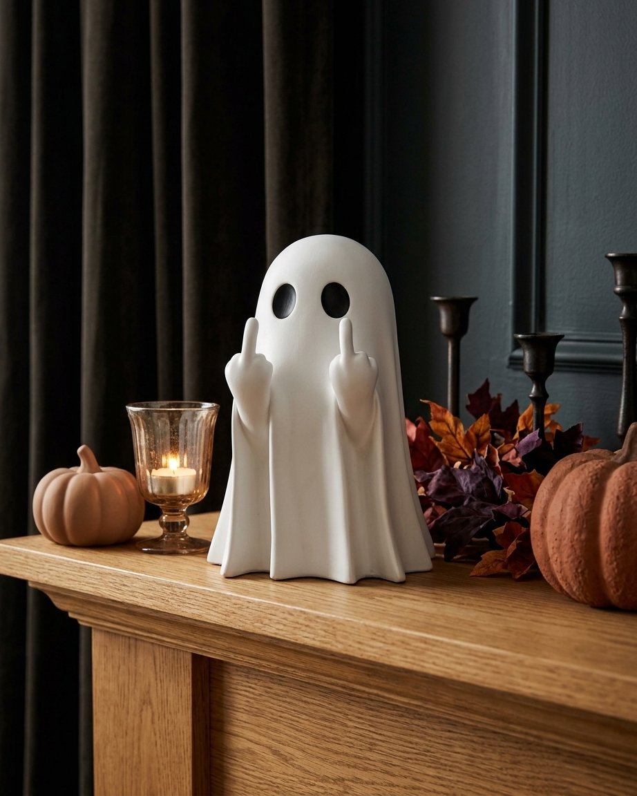 Resin Ghost Figurine with Cheeky Gesture, Halloween Décor