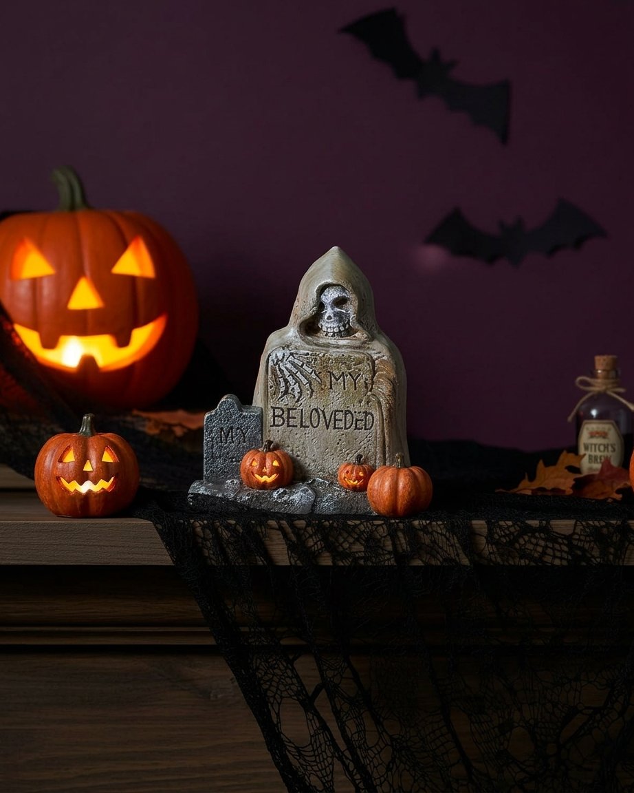 Resin Halloween Tombstone Figurine with Grim Reaper