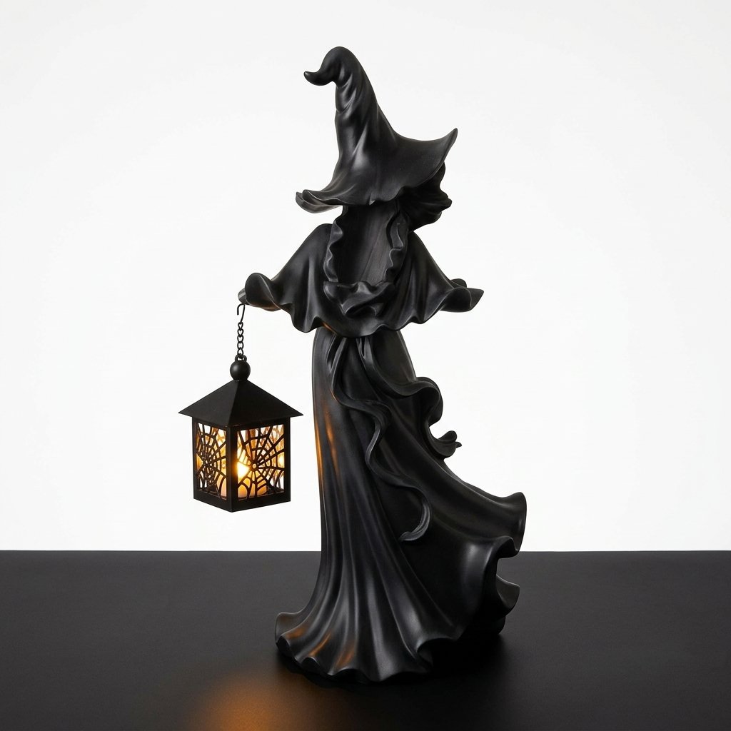 Resin Witch Figurine with Spider Web Lantern – Halloween Home Decoration
