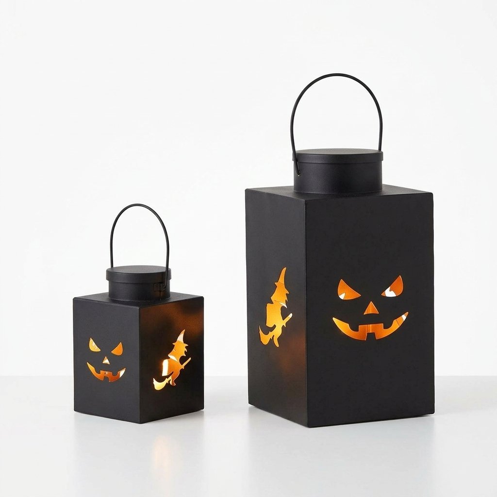 Set of 2 Black Metal Halloween Lanterns with Jack-o'-Lantern and Witch Cut-Outs
