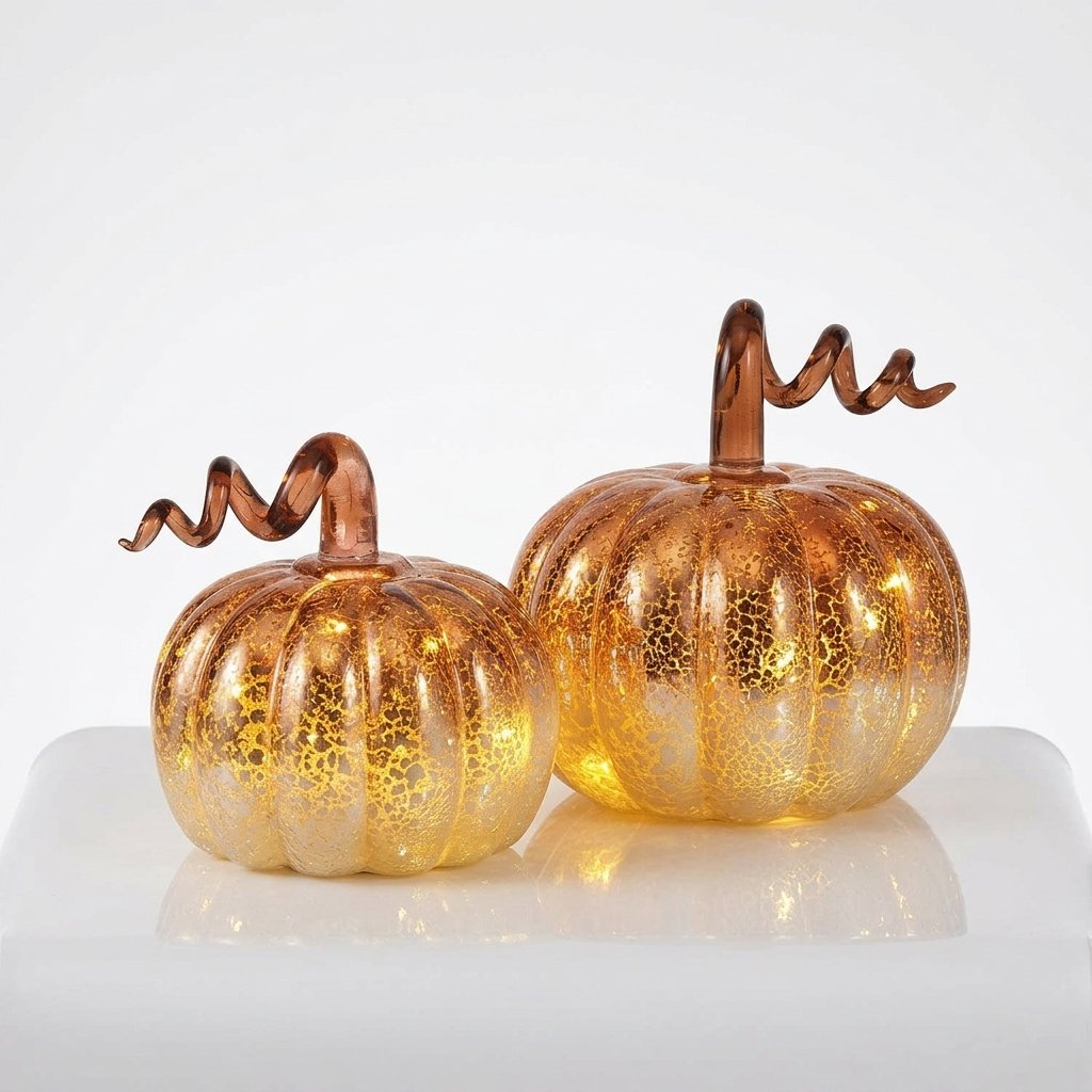 Set of 2 Ombré Mercury Glass LED Pumpkin Decorations with Timer