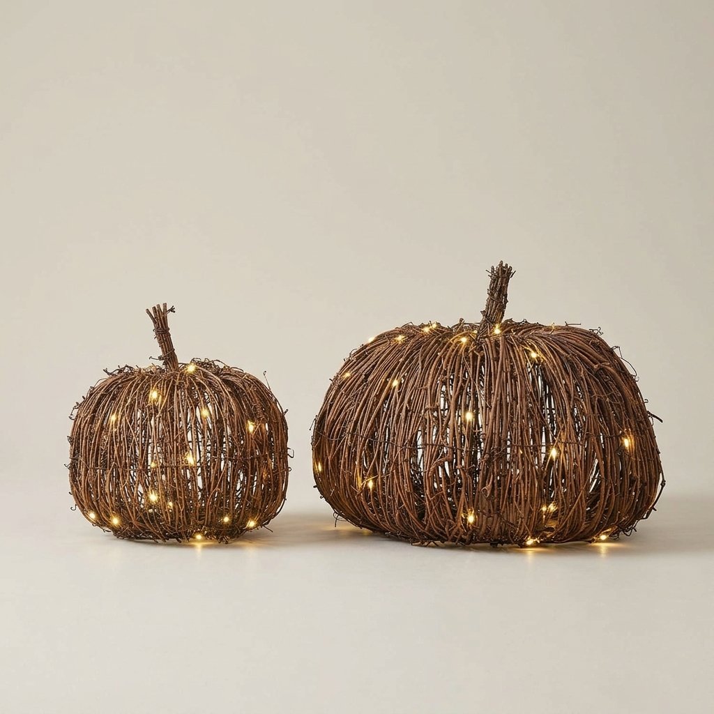 Set of 2 Rattan-Effect LED Light-Up Pumpkins with Timer