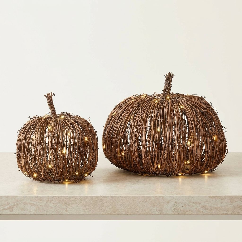 Set of 2 Rattan Light-Up Pumpkins with Warm White LED Lights
