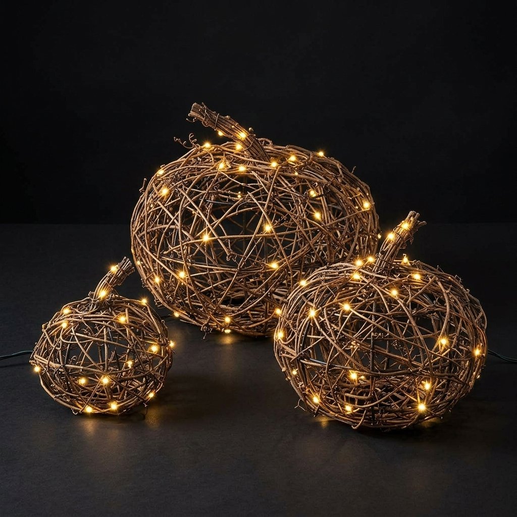 Set of 3 Wicker Pumpkin LED Outdoor Decorations with Timer