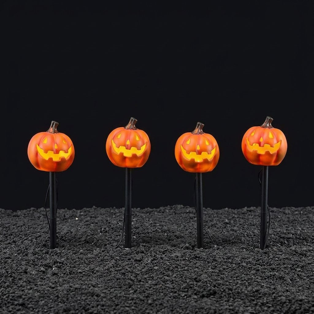 Set of 4 Halloween Jack-o'-Lantern Pumpkin Stake Lights with LED Glow and Timer
