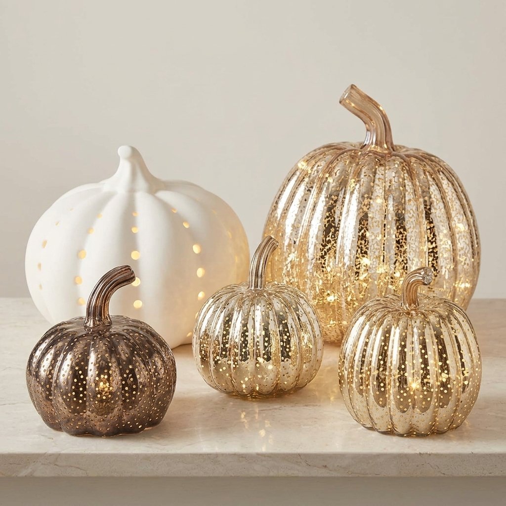 Set of 5 Light-Up Pumpkin Decorations – Ceramic, Mercury Gold and Brass Mottled