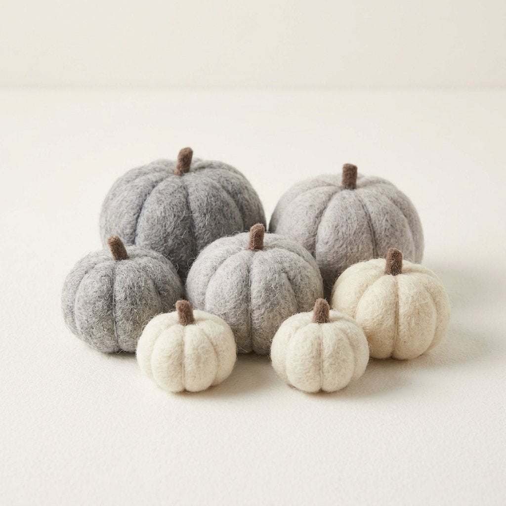 Set of 6 Handmade Felt Pumpkin Autumn Decorations in Neutral Grey and Cream