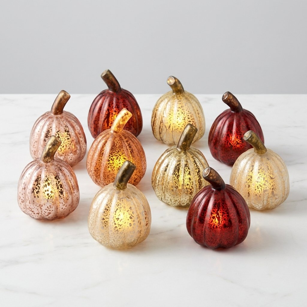 Set of 8 Miniature Light-Up Glass Pumpkin Decorations with Warm White LED