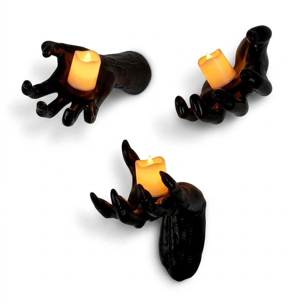 Set of Three Wall-Mounted Monster Hand Candle Holders with Warm LED Candles