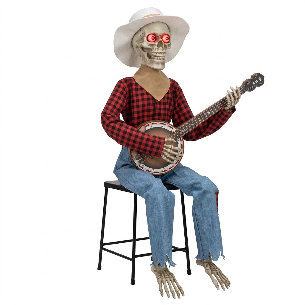 Sitting Banjo-Playing Skeleton Halloween Decoration with LED Glowing Eyes and Interactive Movement