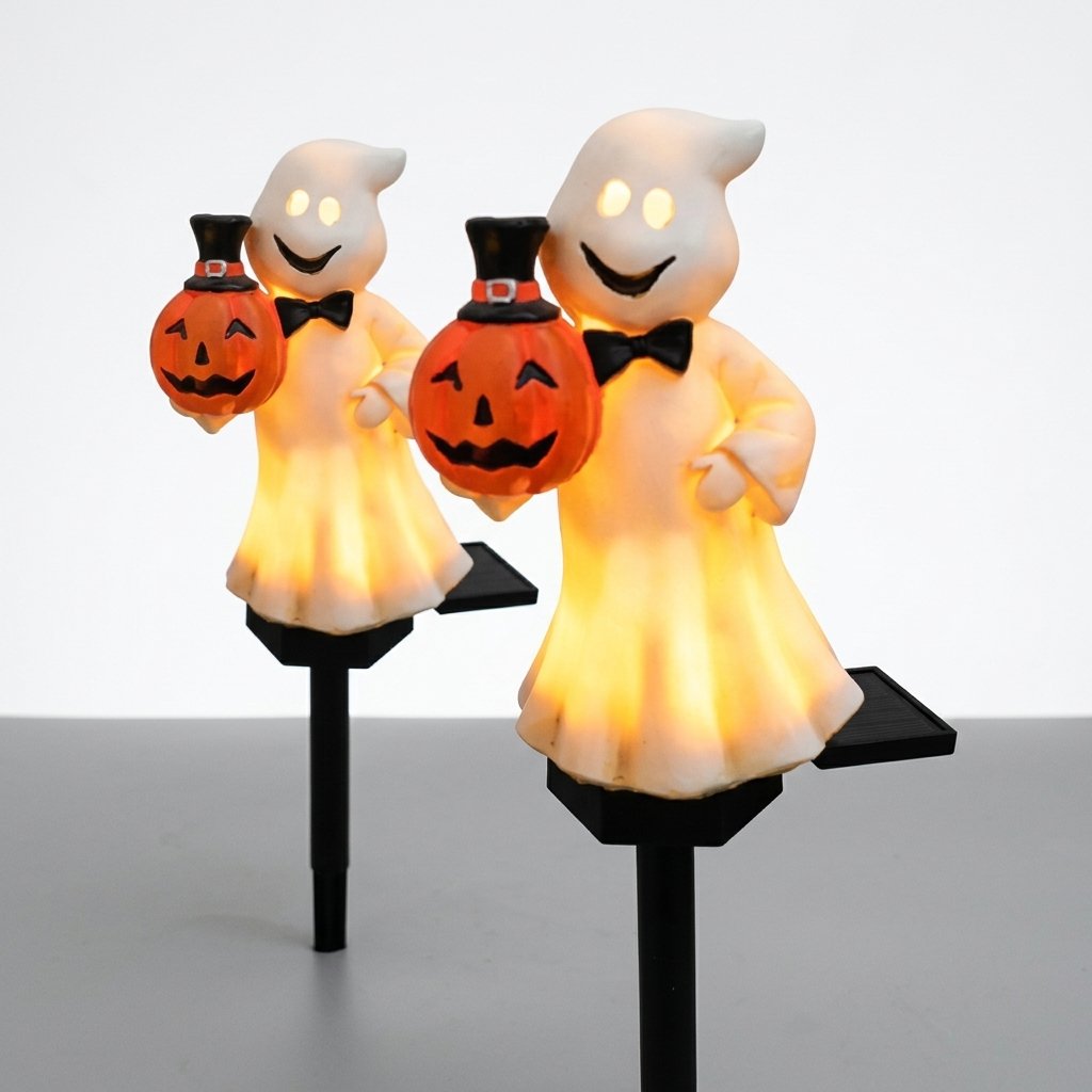 Solar-Powered Halloween Ghost Garden Stake Light with Pumpkin Figurine